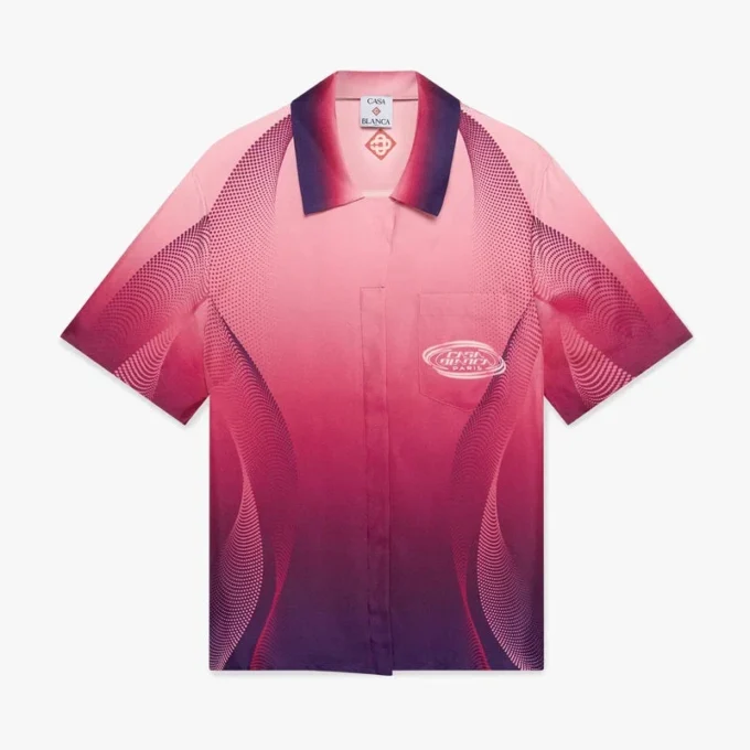 Aubergine gradiënt zijden overhemd met Cubaanse kraag en korte mouwen Aubergine gradiënt zijden overhemd met Cubaanse kraag en korte mouwen