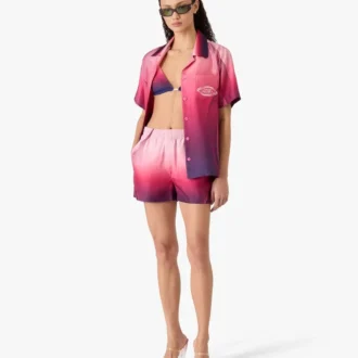 Aubergine gradiënt zijden overhemd met Cubaanse kraag en korte mouwen