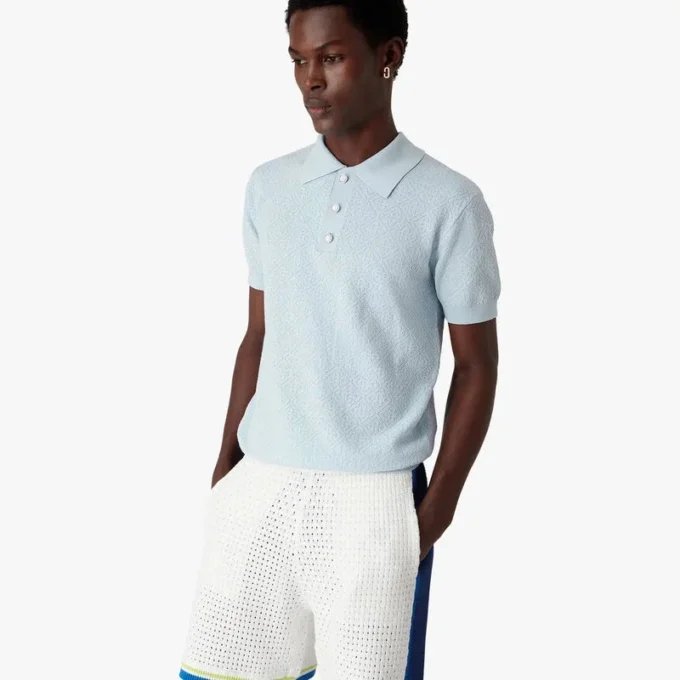 Blauw Pointelle Monogram poloshirt met korte mouwen