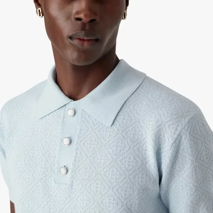 Blauw Pointelle Monogram poloshirt met korte mouwen