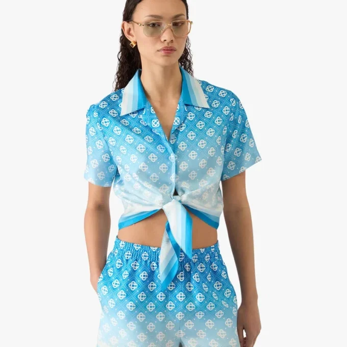 Blauw verloop monogram geknoopt kort zijden overhemd