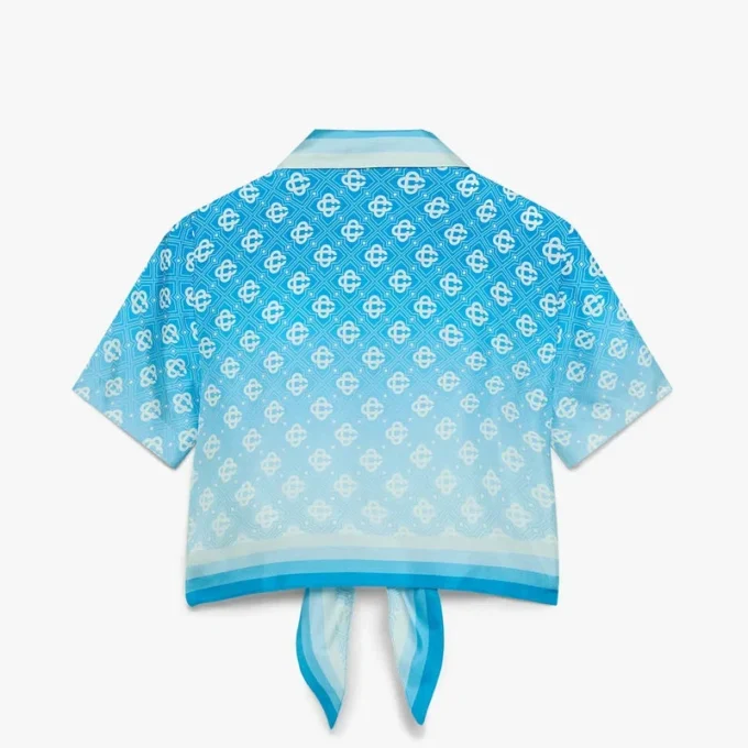 Blauw verloop monogram geknoopt kort zijden overhemd