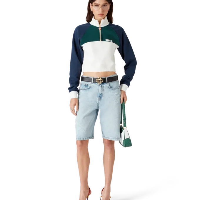 Cropped sweatshirt met kwartrits en kleurblokken Cropped sweatshirt met kwartrits en kleurblokken