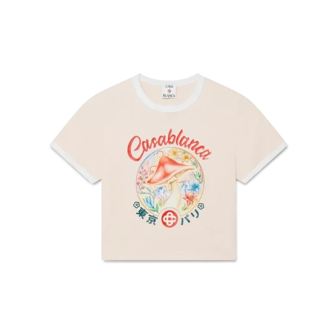 Cropped T-shirt met paddestoelembleem Cropped T-shirt met paddestoelembleem