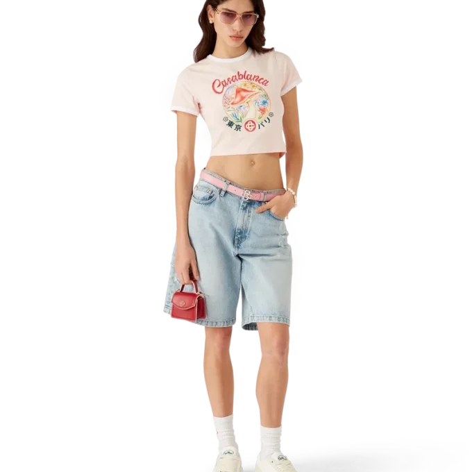 Cropped T-shirt met paddestoelembleem Cropped T-shirt met paddestoelembleem