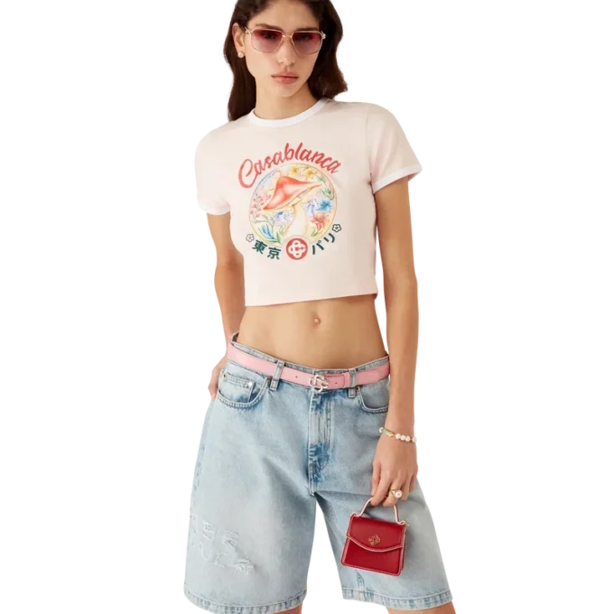 Cropped T-shirt met paddestoelembleem Cropped T-shirt met paddestoelembleem