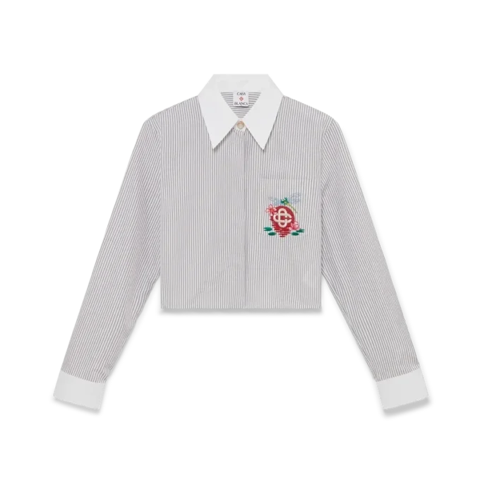 Katoen cropped overhemd met krijtstreep en borduursels Katoen cropped overhemd met krijtstreep en borduursels