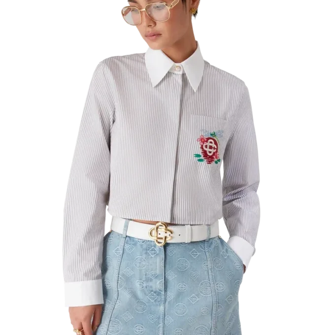 Katoen cropped overhemd met krijtstreep en borduursels Katoen cropped overhemd met krijtstreep en borduursels