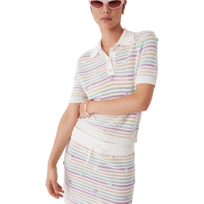 Katoen gehaakt Poloshirt met bloemenstrepen Katoen gehaakt Poloshirt met bloemenstrepen