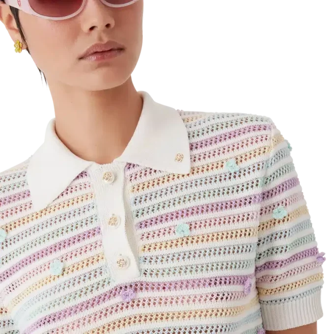 Katoen gehaakt Poloshirt met bloemenstrepen Katoen gehaakt Poloshirt met bloemenstrepen