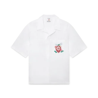 Katoenen popeline geborduurd overhemd met korte mouwen