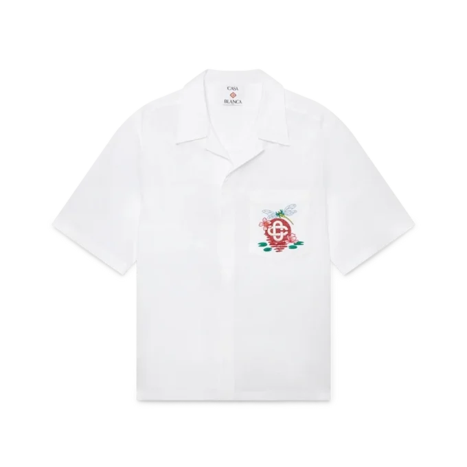 Katoenen popeline geborduurd overhemd met korte mouwen