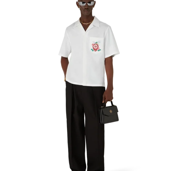 Katoenen popeline geborduurd overhemd met korte mouwen