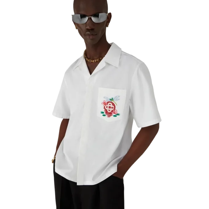 Katoenen popeline geborduurd overhemd met korte mouwen