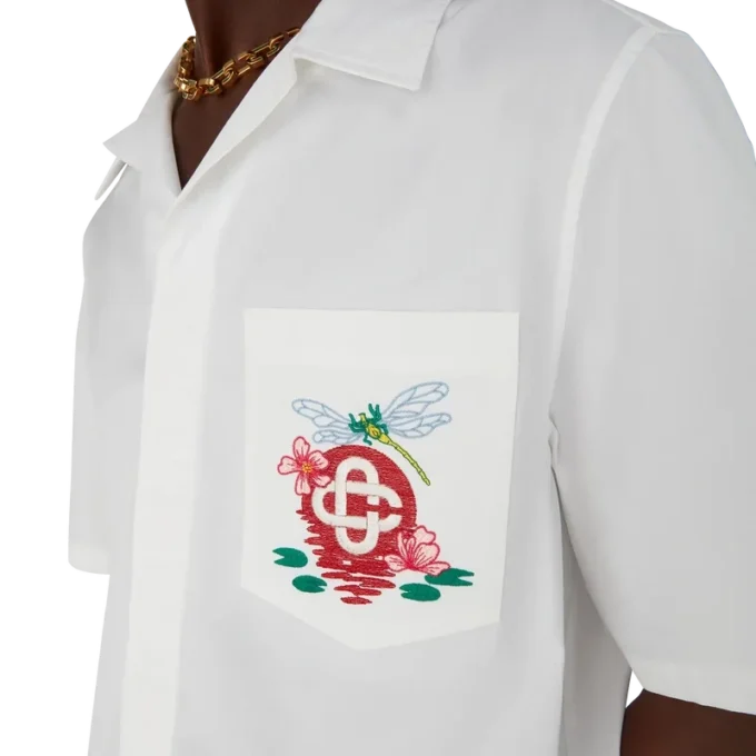 Katoenen popeline geborduurd overhemd met korte mouwen