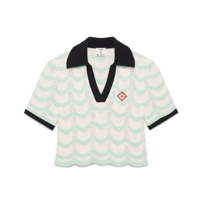Katoenen Wave Crochet Cropped Poloshirt Katoenen Wave Crochet Cropped Poloshirt