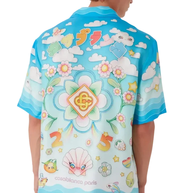 Kawaii-motief zijden twill overhemd met korte mouwen Kawaii-motief zijden twill overhemd met korte mouwen