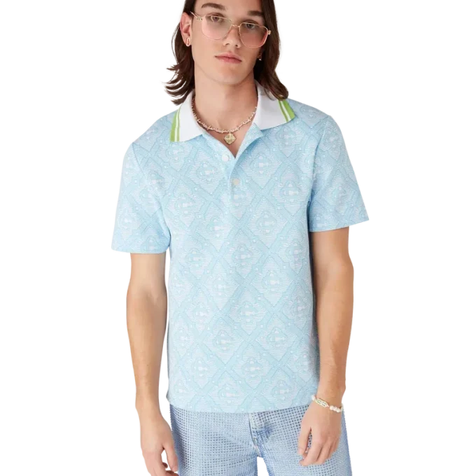 Lichtblauw jacquard poloshirt met korte mouwen