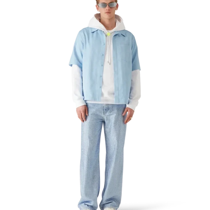 Lichtblauw monogram-overhemd met korte mouwen