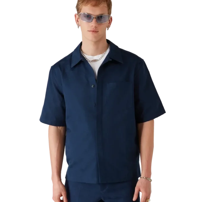 Marineblauw monogram overhemd met korte mouwen Marineblauw monogram overhemd met korte mouwen