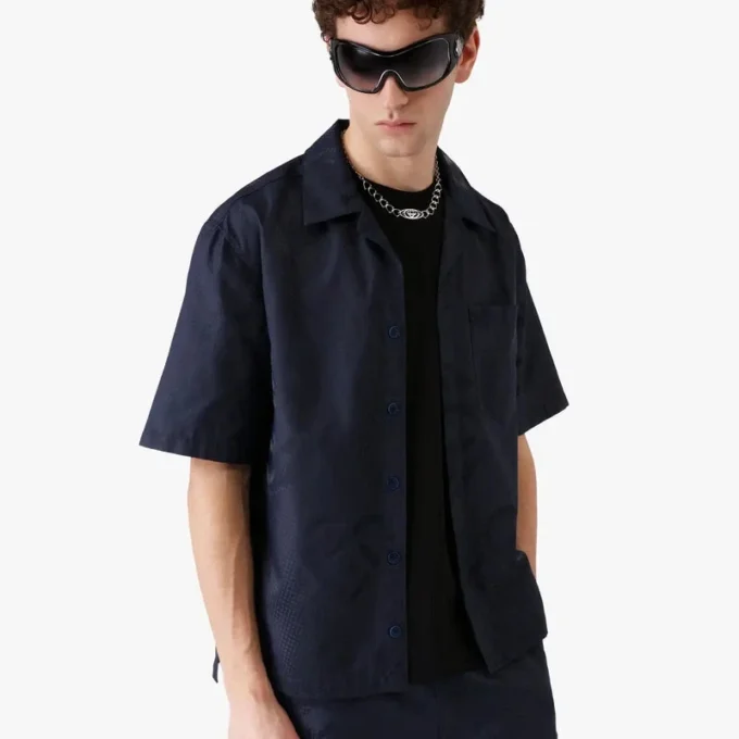 Marineblauw monogram-overhemd met korte mouwen Marineblauw monogram-overhemd met korte mouwen