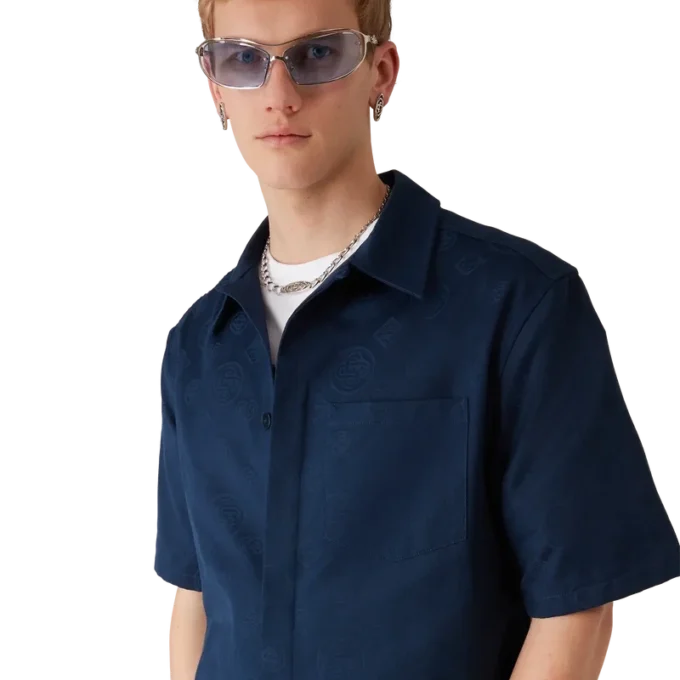 Marineblauw monogram overhemd met korte mouwen Marineblauw monogram overhemd met korte mouwen