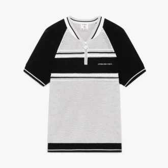 Metallic mesh gestreept poloshirt met korte mouwen en rits