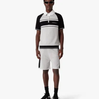 Metallic mesh gestreept poloshirt met korte mouwen en rits