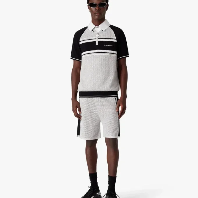 Metallic mesh gestreept poloshirt met korte mouwen en rits