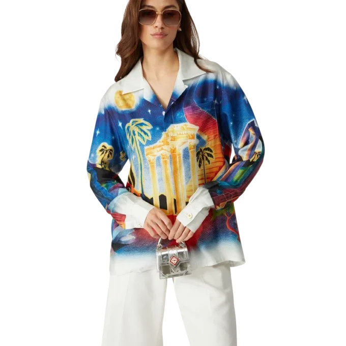 Midnight Acropolis zijden overhemd met lange mouwen