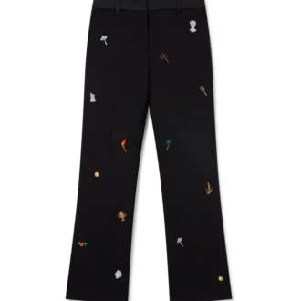 Op maat gemaakte wollen broek met geborduurd motief