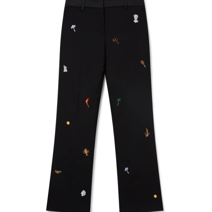 Op maat gemaakte wollen broek met geborduurd motief Op maat gemaakte wollen broek met geborduurd motief