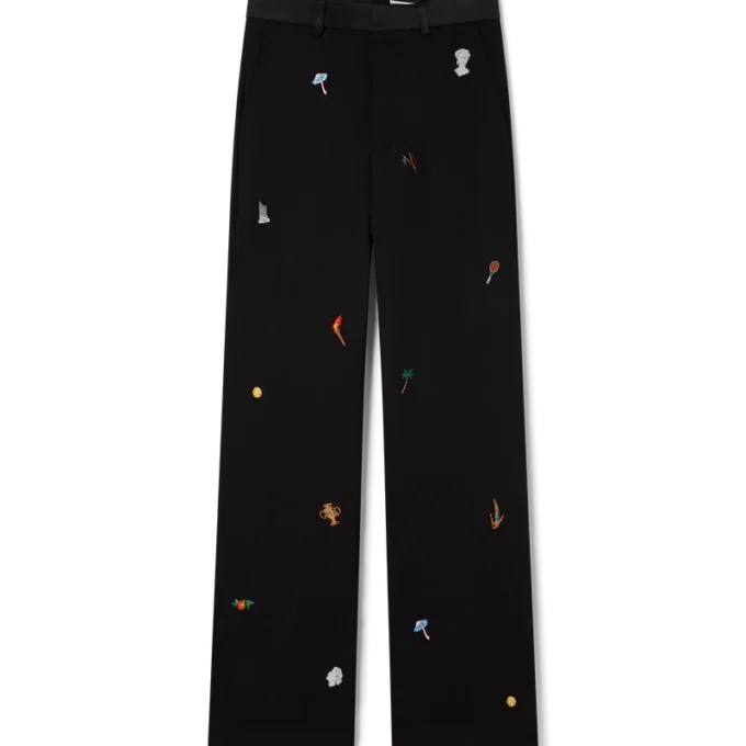 Op maat gemaakte wollen broek met geborduurd motief Op maat gemaakte wollen broek met geborduurd motief