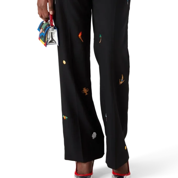 Op maat gemaakte wollen broek met geborduurd motief Op maat gemaakte wollen broek met geborduurd motief