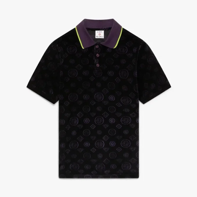Paars velours poloshirt met monogram