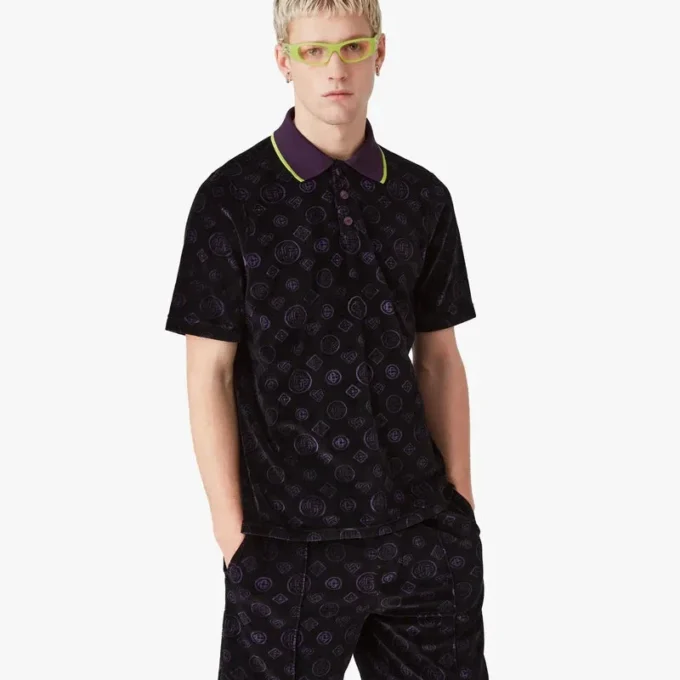Paars velours poloshirt met monogram