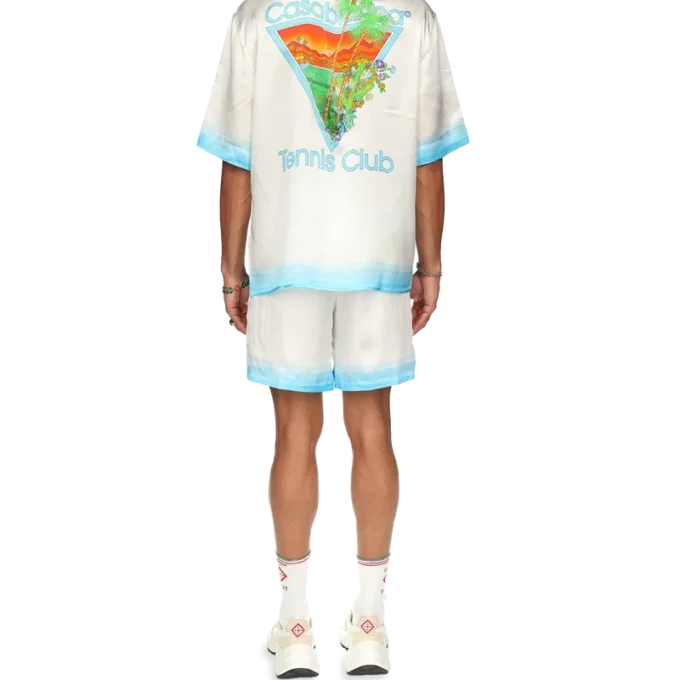 Palm Springs Icon blauw zijden overhemd met Cubaanse kraag