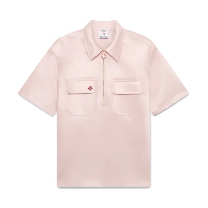 Satijnen overhemd met kwartritssluiting en korte mouwen