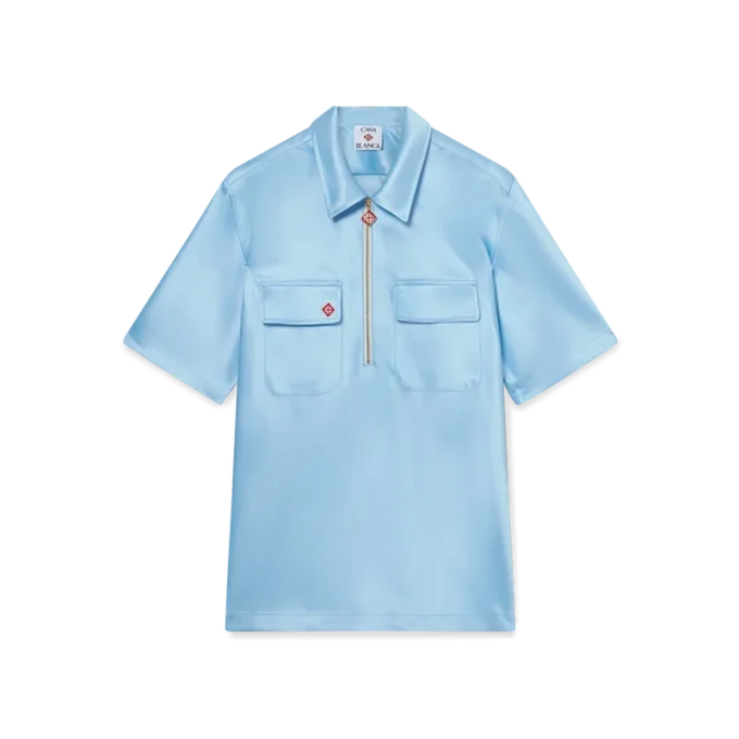 Satijnen overhemd met kwartritssluiting en korte mouwen