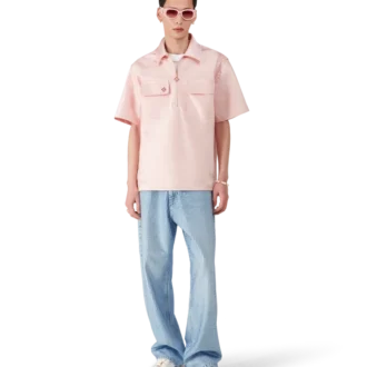 Satijnen overhemd met kwartritssluiting en korte mouwen