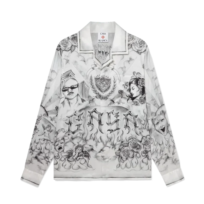 Tattoo zijden overhemd met lange mouwen
