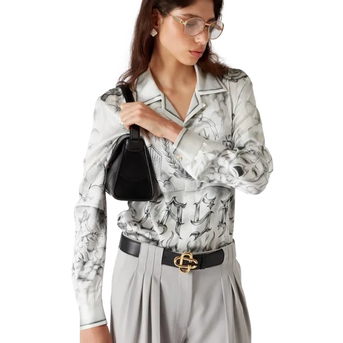 Tattoo zijden overhemd met lange mouwen