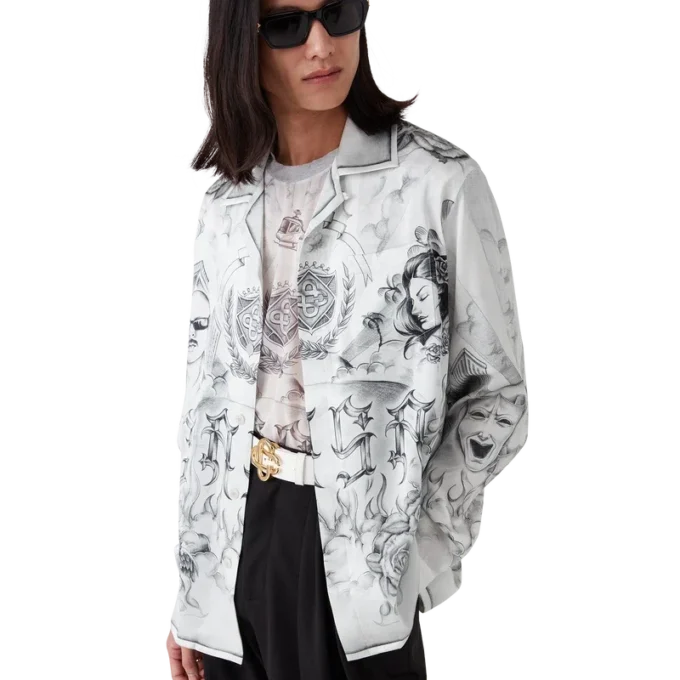 Tattoo zijden overhemd met lange mouwen