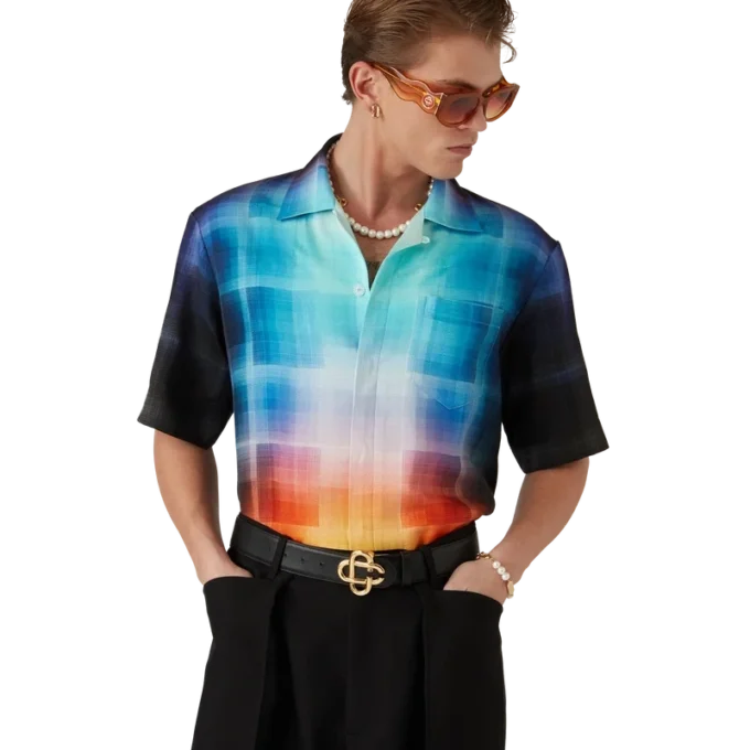 Viscosemix overhemd met korte mouwen en kleurverloopruit