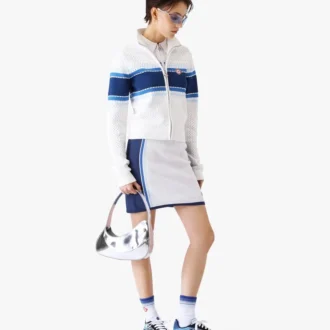 Wit-blauw gestreept bomberjack van mesh Wit-blauw gestreept bomberjack van mesh