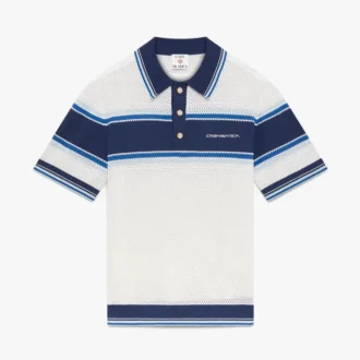 Wit-blauw gestreept mesh poloshirt met korte mouwen
