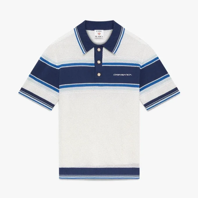 Wit-blauw gestreept mesh poloshirt met korte mouwen