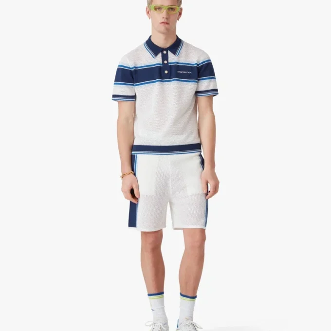 Wit-blauw gestreept mesh poloshirt met korte mouwen