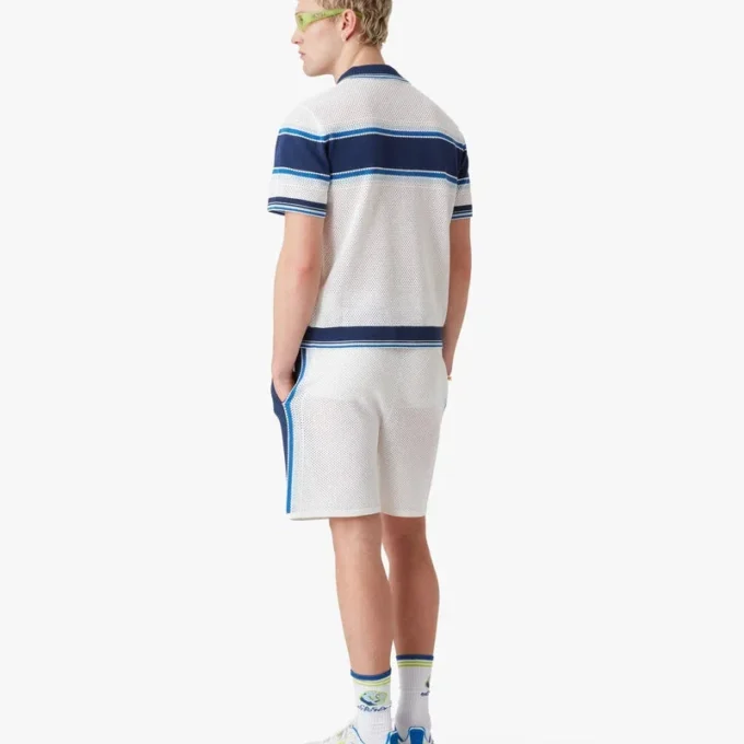 Wit-blauw gestreept mesh poloshirt met korte mouwen