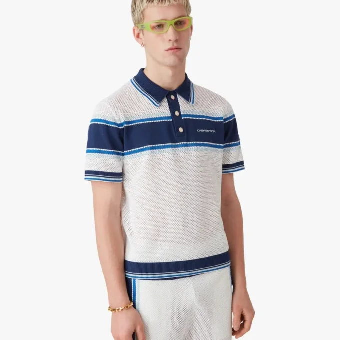 Wit-blauw gestreept mesh poloshirt met korte mouwen